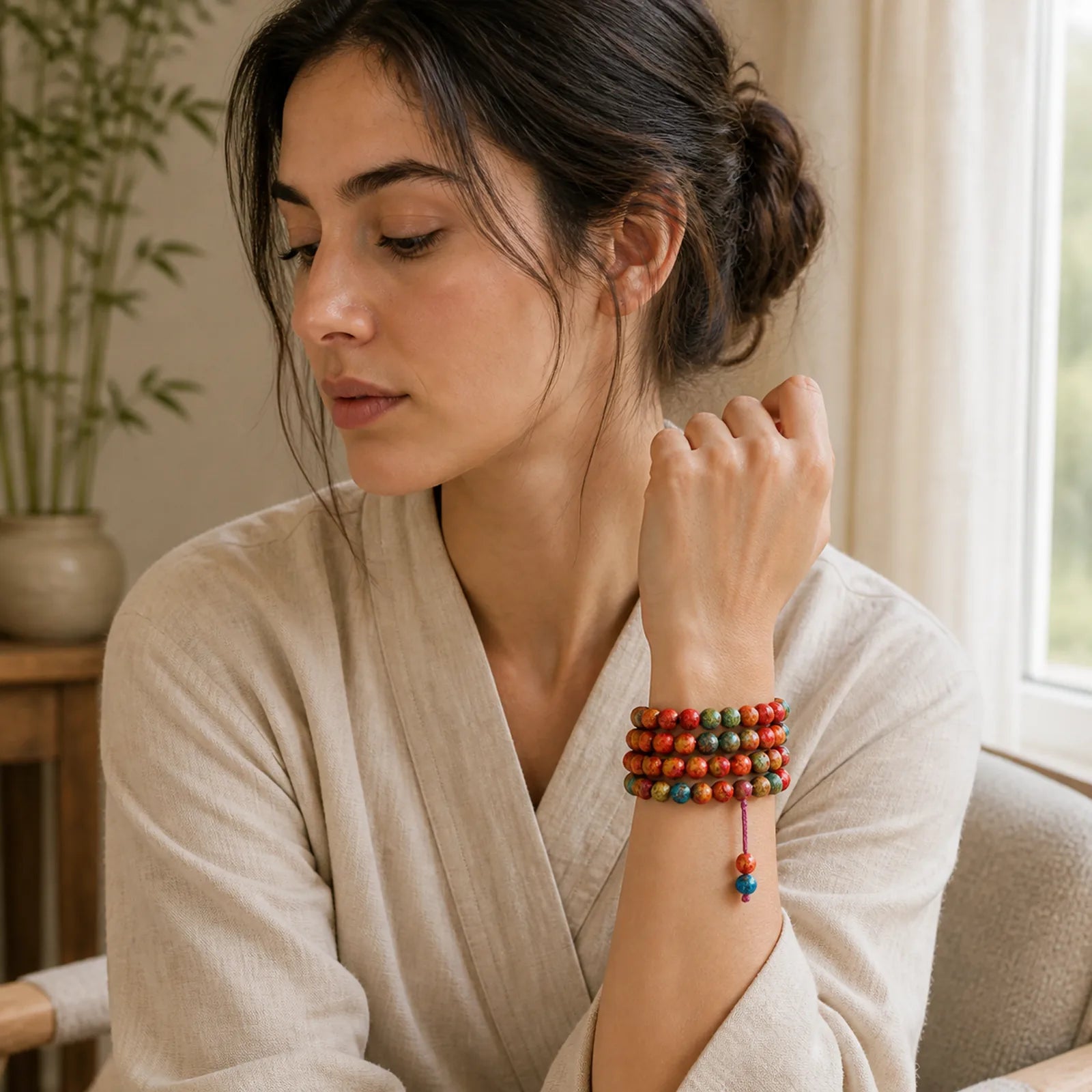 Multicolored Lacquer 108 Mala Beads Craft Sandalwood Protection Multilayer Bracelet featuring Sandalwood, Bamboo