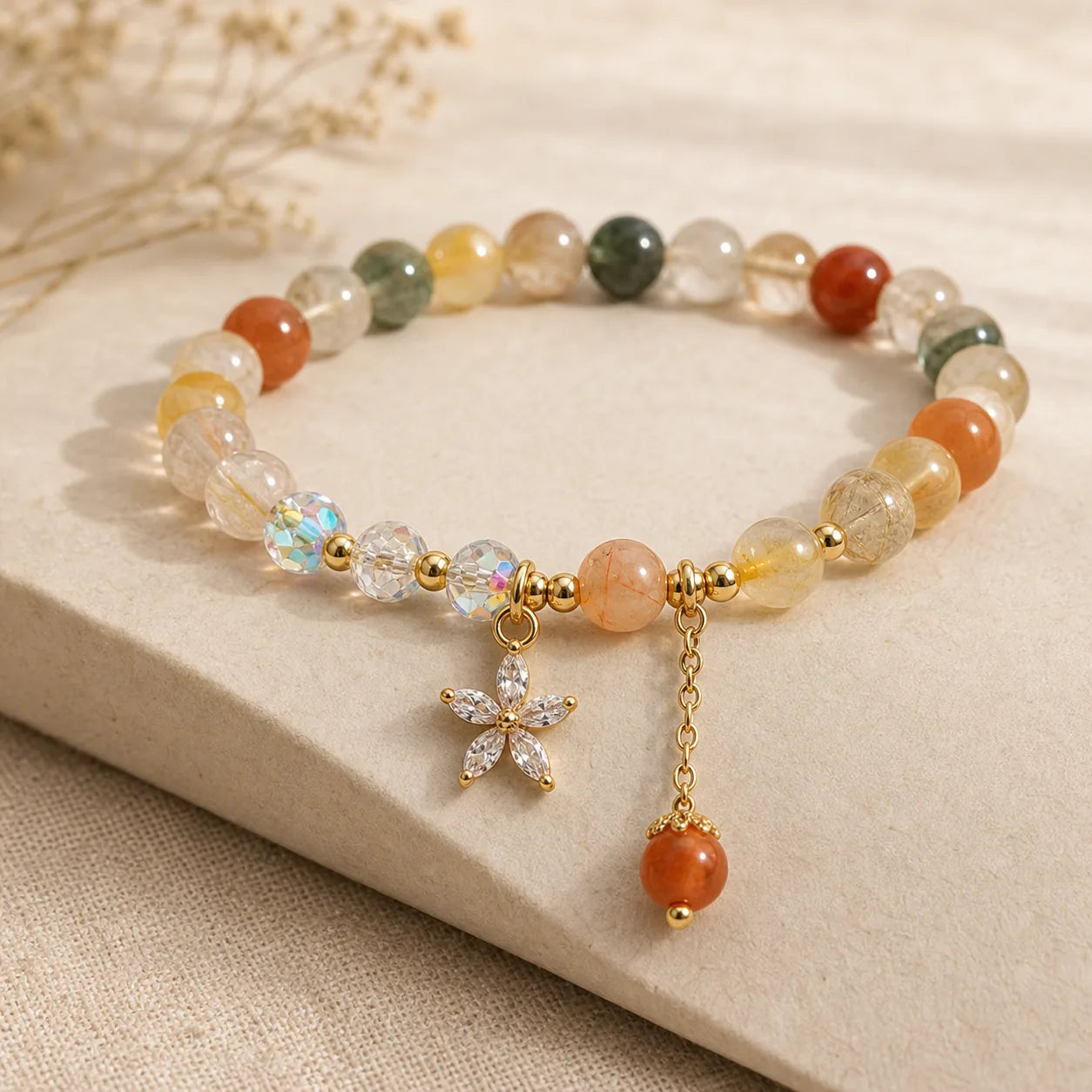 Multicolored Rutilated Quartz Auspiciousness Zircon Flower Bracelet featuring Rutilated Quartz