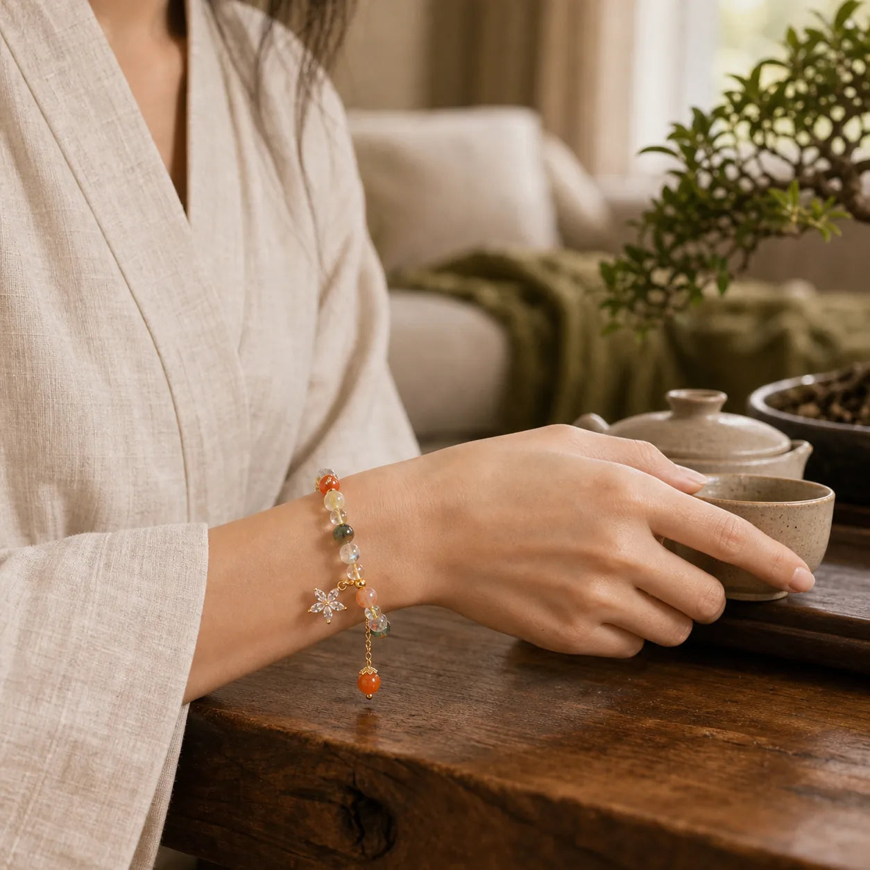 Multicolored Rutilated Quartz Auspiciousness Zircon Flower Bracelet featuring Rutilated Quartz
