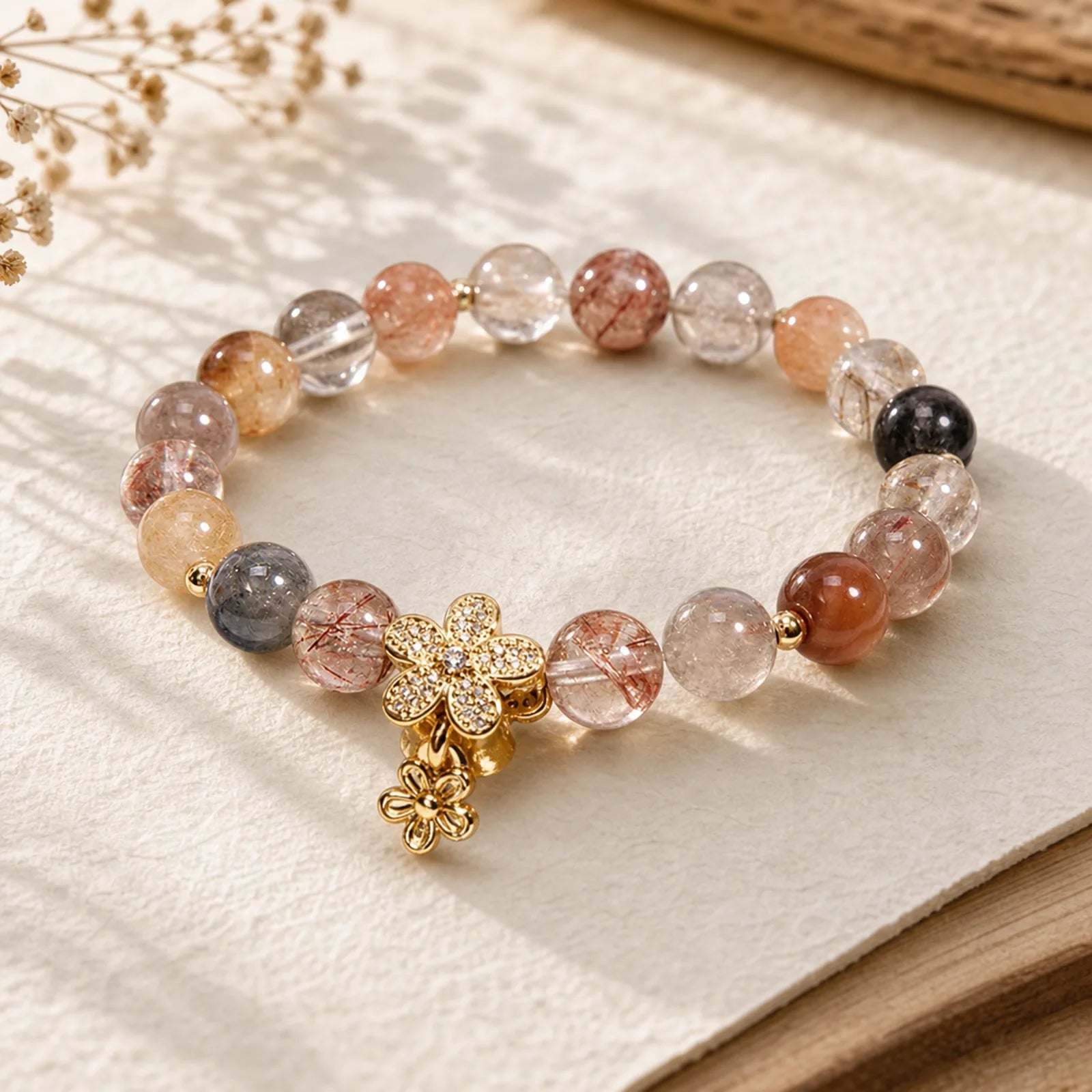 Multicolored Rutilated Quartz Citrine Wealth Protection Flower Bracelet featuring Rutilated Quartz, Citrine