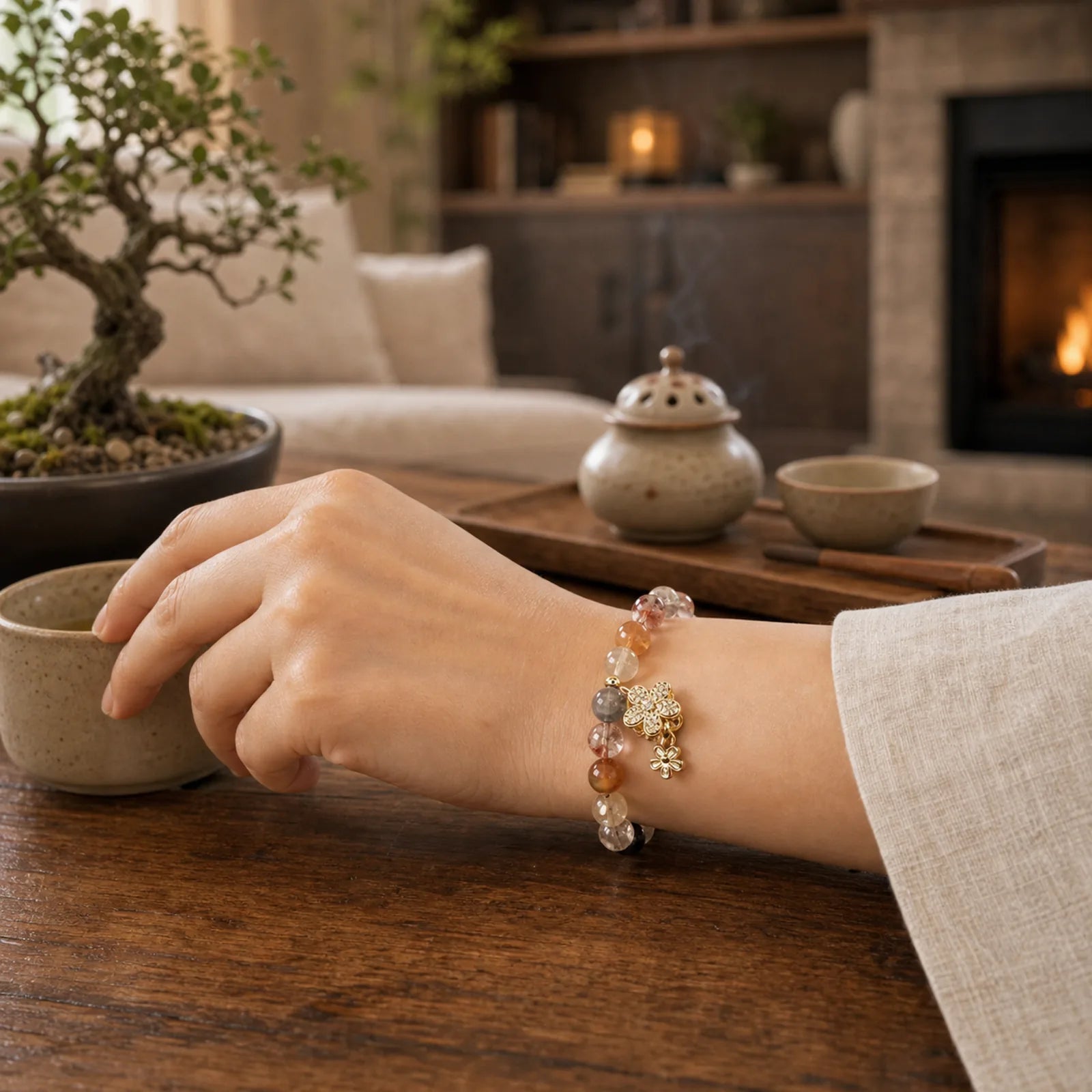 Multicolored Rutilated Quartz Citrine Wealth Protection Flower Bracelet featuring Rutilated Quartz, Citrine