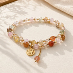 Multicolored Rutilated Quartz Fu Character Auspiciousness Bracelet featuring Rutilated Quartz, Fu Character