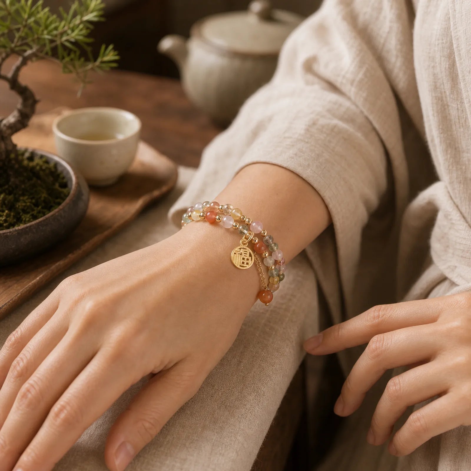 Multicolored Rutilated Quartz Fu Character Auspiciousness Bracelet featuring Rutilated Quartz, Fu Character