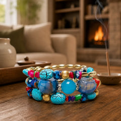 Multilayer Irregular Turquoise Agate Beads Blessing Bracelet featuring Turquoise, Green Agate, Black Onyx