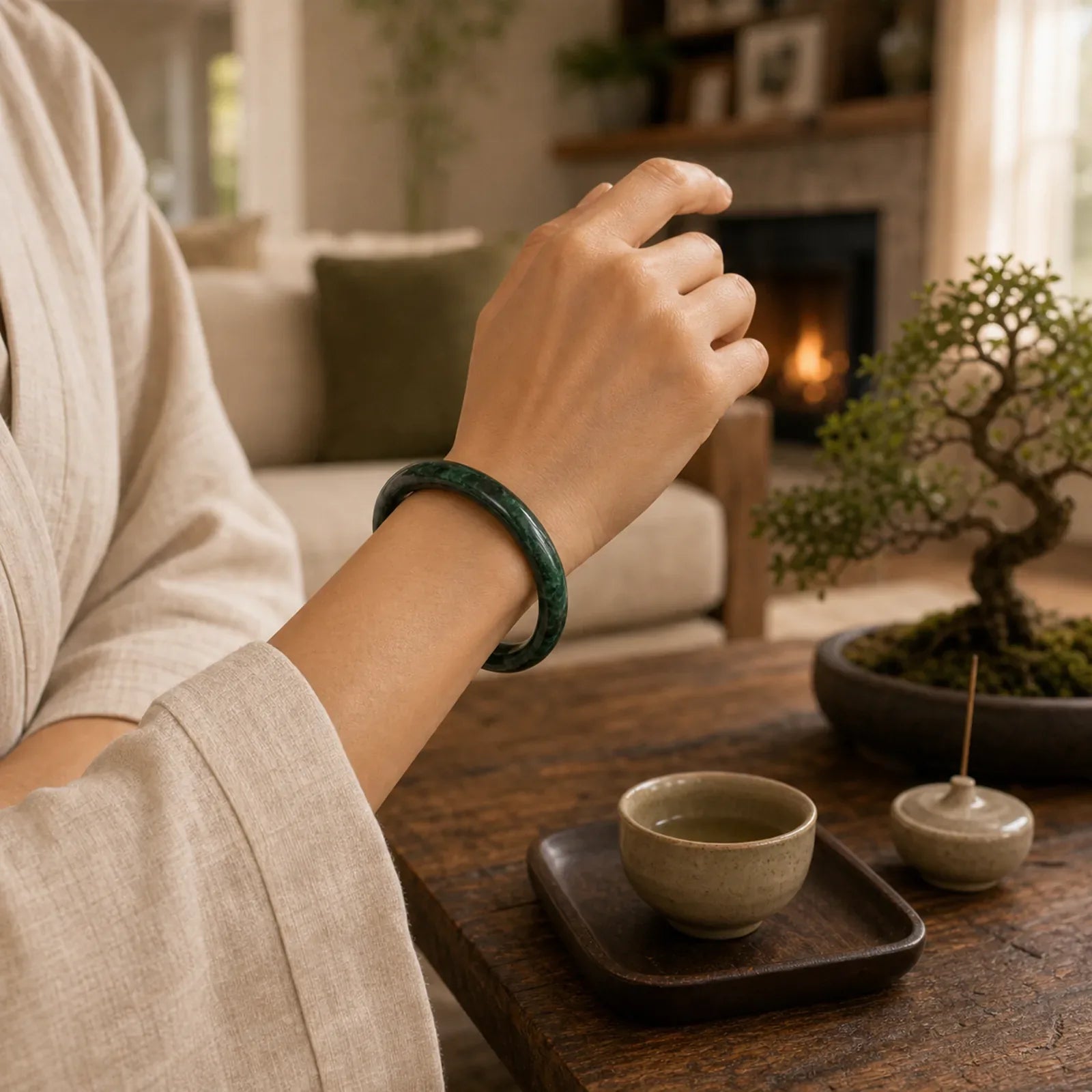 Nanyang Black-Green Jade Protection Cuff Bangle Bracelet featuring Nanyang Black-Green Jade, Green Jade, Jade