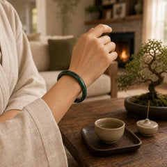 Nanyang Black-Green Jade Protection Cuff Bangle Bracelet featuring Nanyang Black-Green Jade, Green Jade, Jade