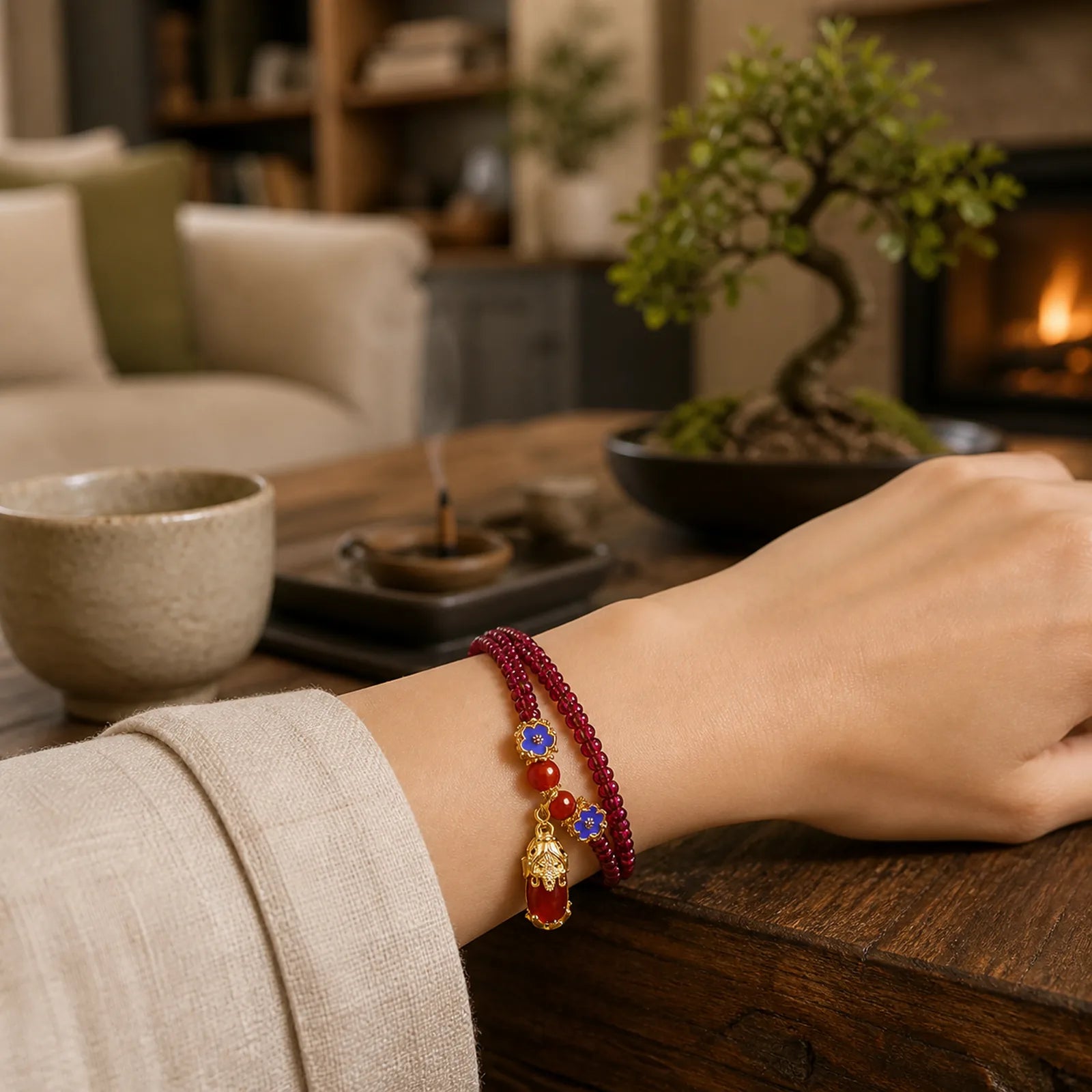 Natural 3mm Garnet Beads PiXiu Flower Purification Multilayer Bracelet featuring Garnet, Pixiu, Copper