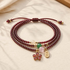 Natural 3mm Ultra-thin Garnet Beads Cherry Blossom Flower Attract Fortune Protection Multilayer Bracelet featuring Garnet, Copper