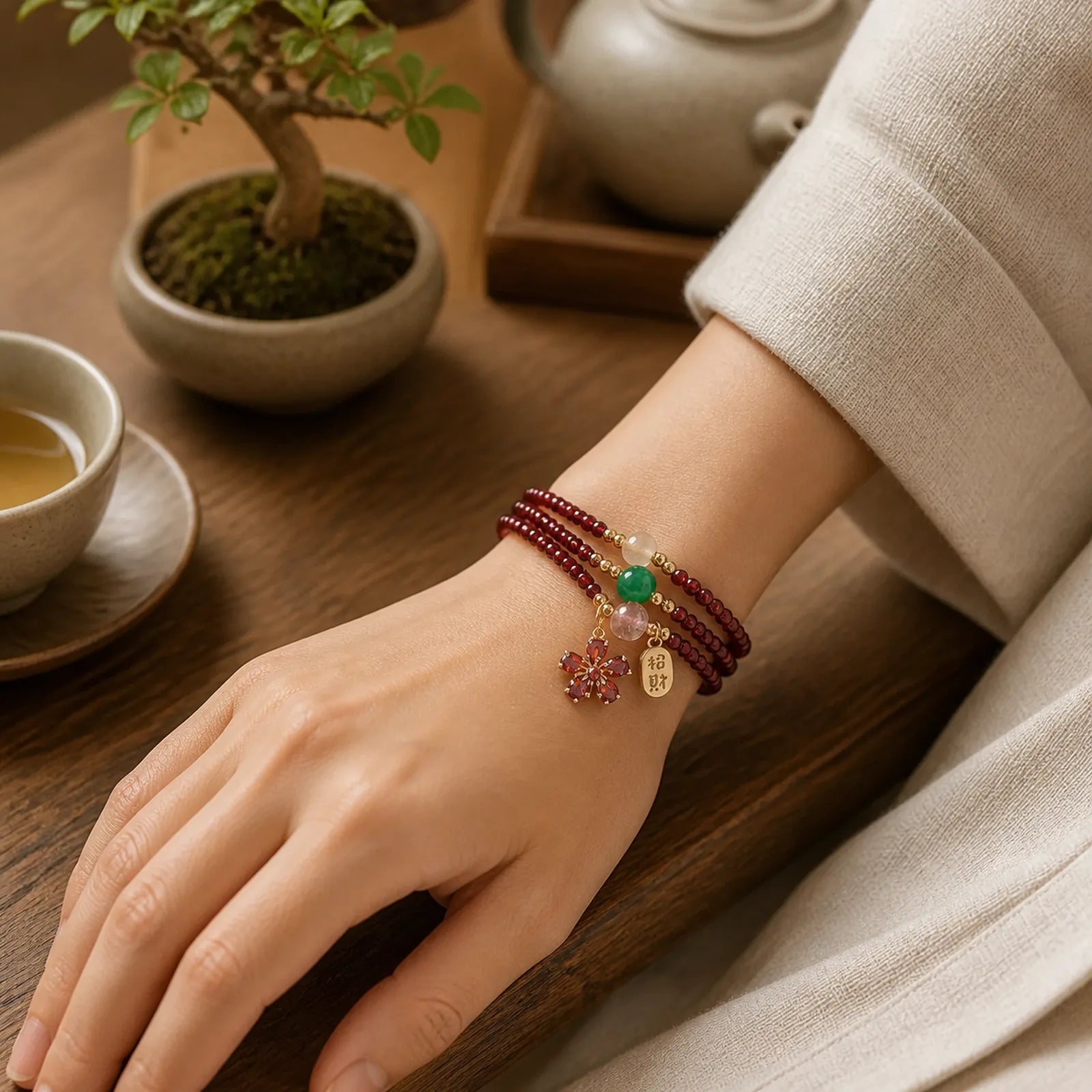 Natural 3mm Ultra-thin Garnet Beads Cherry Blossom Flower Attract Fortune Protection Multilayer Bracelet featuring Garnet, Copper