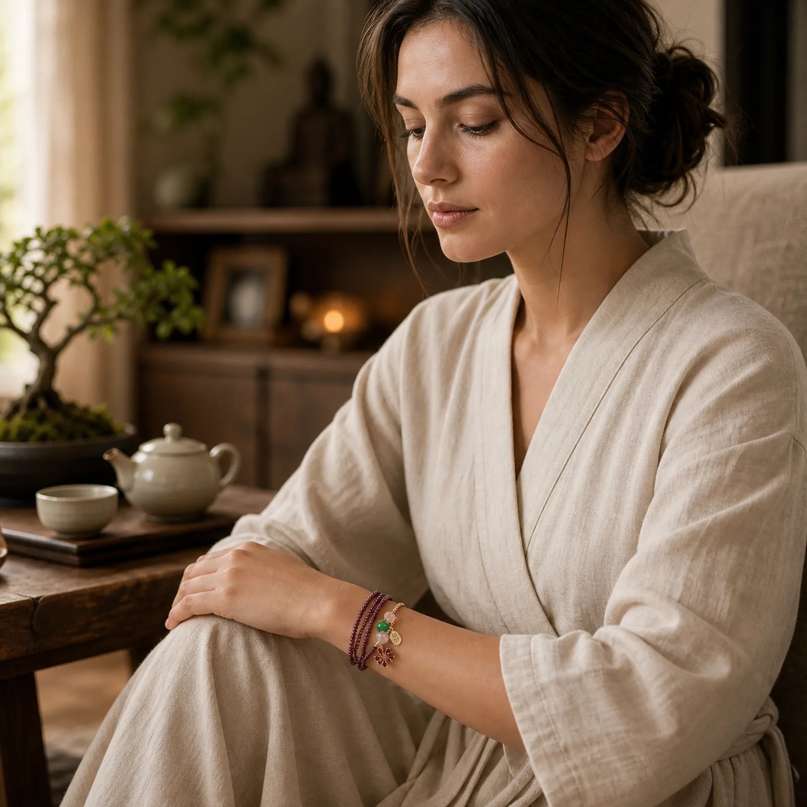 Natural 3mm Ultra-thin Garnet Beads Cherry Blossom Flower Attract Fortune Protection Multilayer Bracelet featuring Garnet, Copper