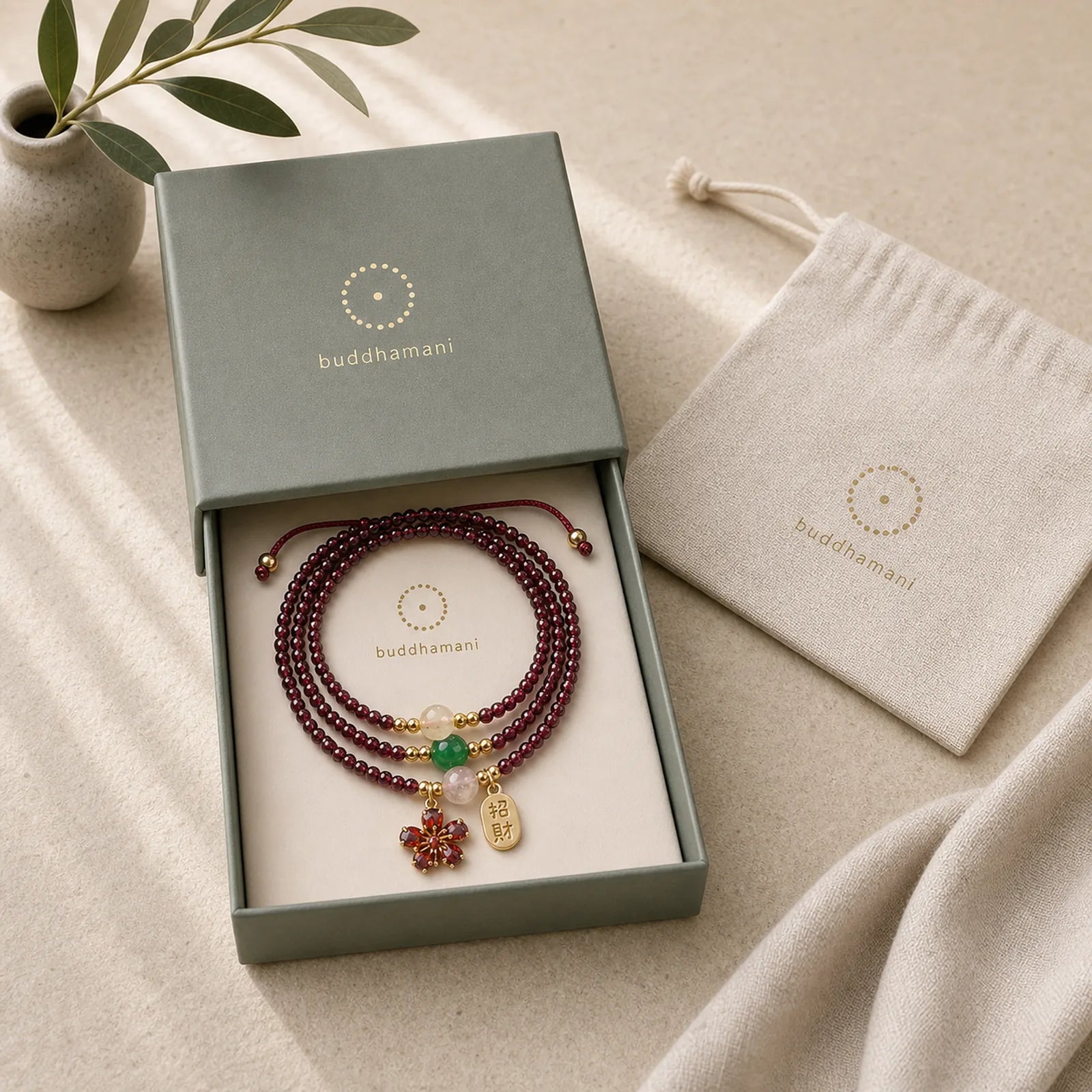 Natural 3mm Ultra-thin Garnet Beads Cherry Blossom Flower Attract Fortune Protection Multilayer Bracelet featuring Garnet, Copper