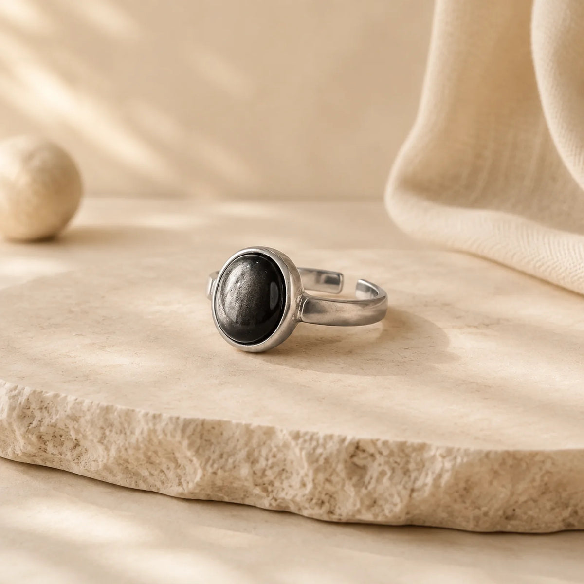 Natural 925 Sterling Silver Silver Sheen Obsidian Adjustable Protection Ring featuring Silver, Silver Sheen Obsidian, Obsidian