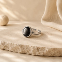 Natural 925 Sterling Silver Silver Sheen Obsidian Adjustable Protection Ring featuring Silver, Silver Sheen Obsidian, Obsidian