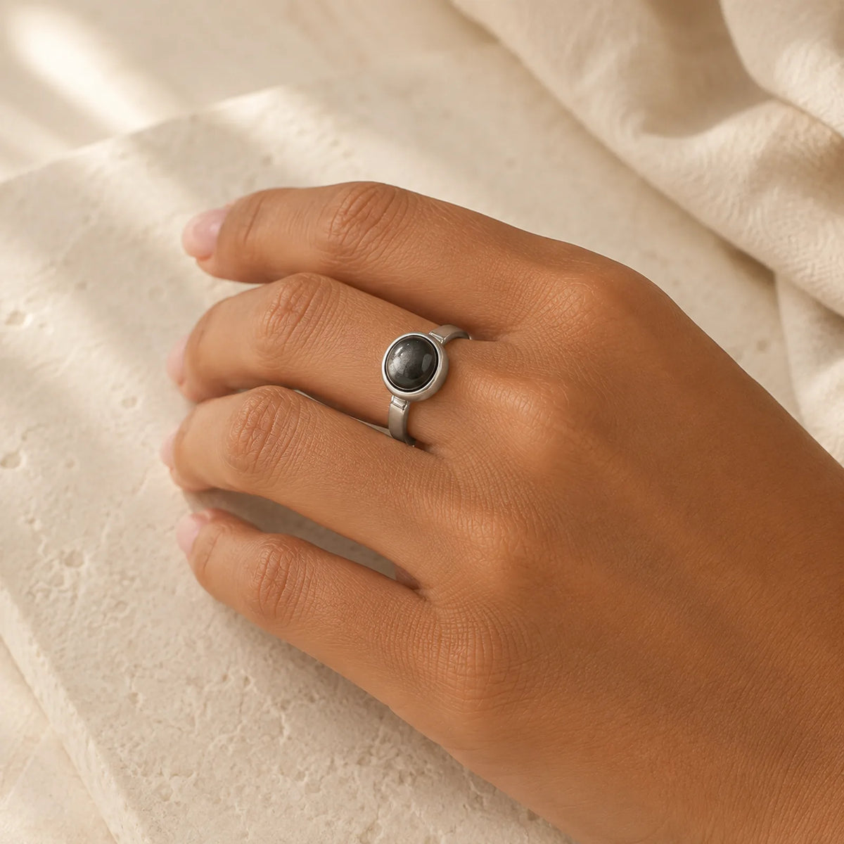 Natural 925 Sterling Silver Silver Sheen Obsidian Adjustable Protection Ring featuring Silver, Silver Sheen Obsidian, Obsidian
