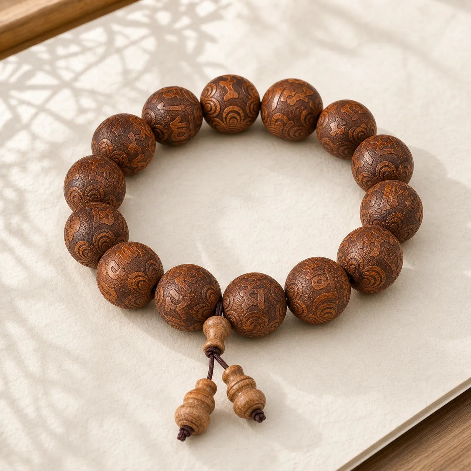 Natural Abelia Biflora Wood Heart Sutra Om Mani Padme Hum Bracelet featuring Abelia Biflora Wood, Om Mani Padme Hum, Om