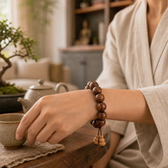 Natural Abelia Biflora Wood Heart Sutra Om Mani Padme Hum Bracelet featuring Abelia Biflora Wood, Om Mani Padme Hum, Om