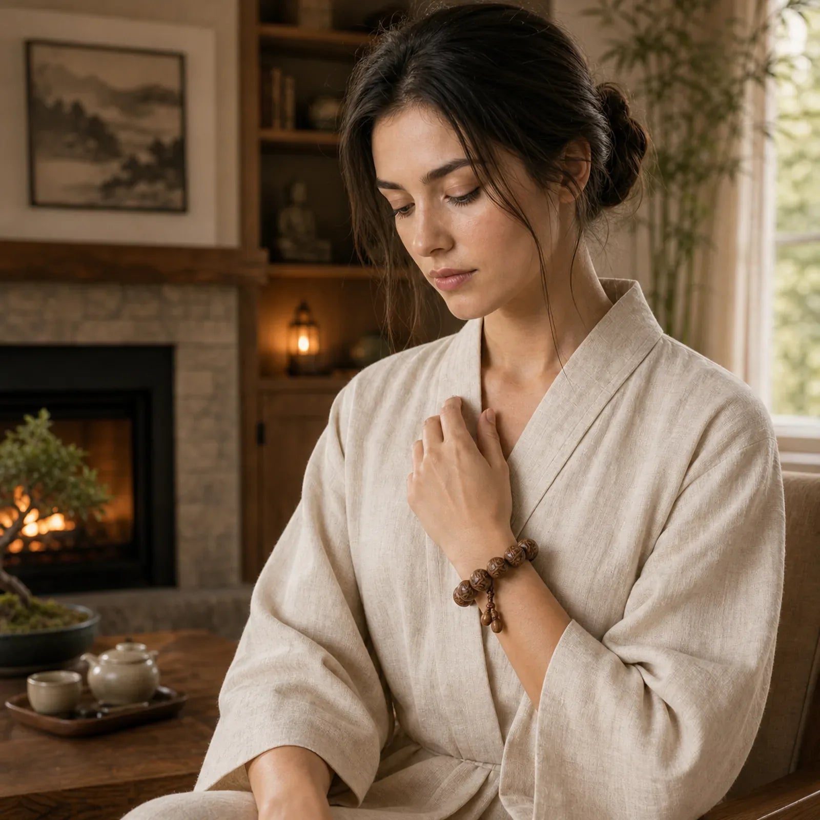 Natural Abelia Biflora Wood Heart Sutra Om Mani Padme Hum Bracelet featuring Abelia Biflora Wood, Om Mani Padme Hum, Om