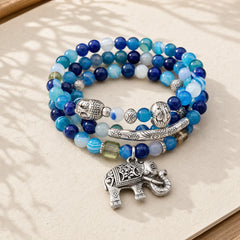 Natural Agate Elephant Buddha Hope Bracelet featuring Blue Agate, Blue Lace Agate, Purple Agate