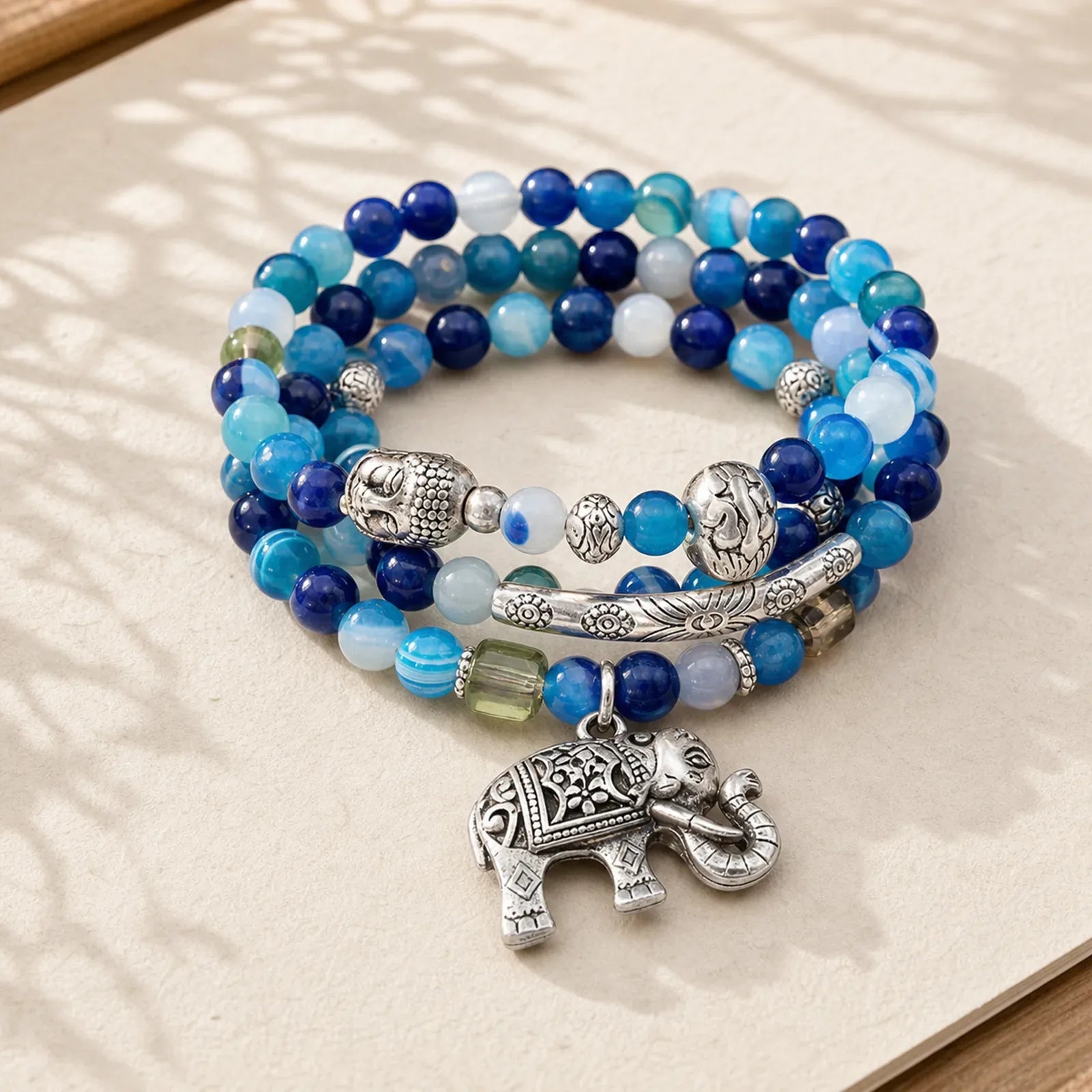 Natural Agate Elephant Buddha Hope Bracelet featuring Blue Agate, Blue Lace Agate, Purple Agate
