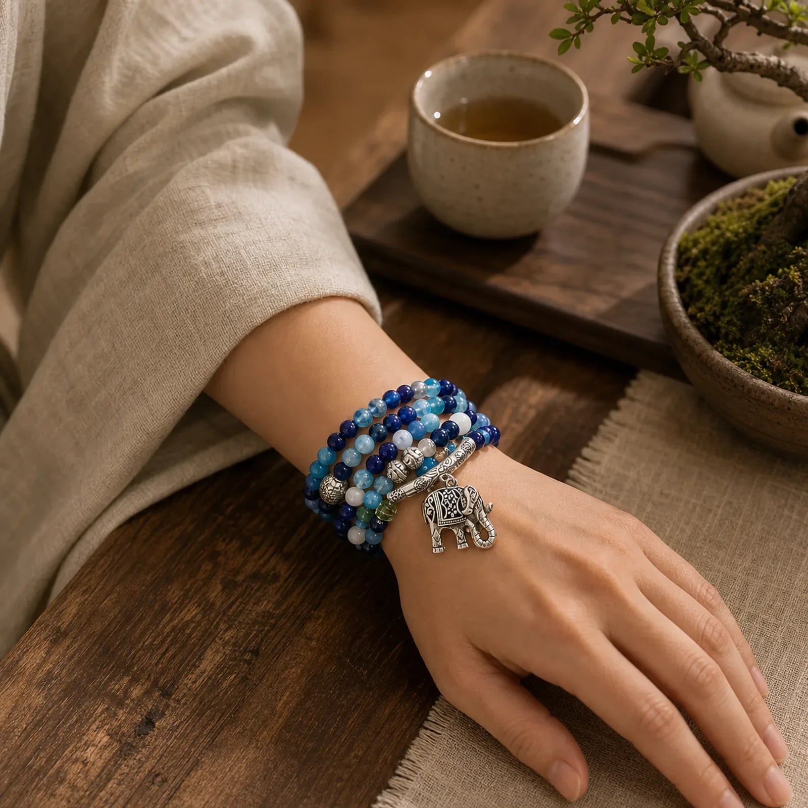 Natural Agate Elephant Buddha Hope Bracelet featuring Blue Agate, Blue Lace Agate, Purple Agate