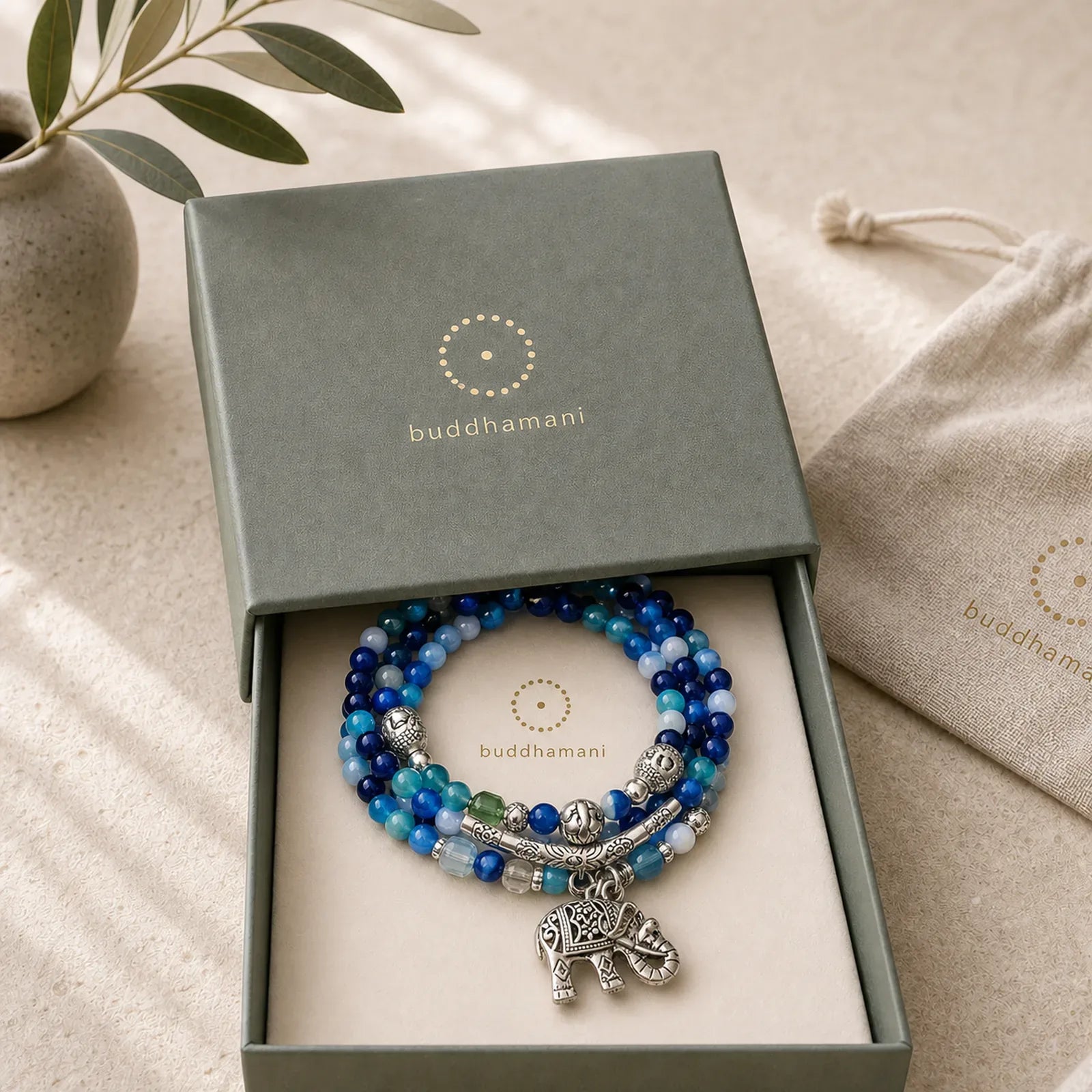 Natural Agate Elephant Buddha Hope Bracelet featuring Blue Agate, Blue Lace Agate, Purple Agate