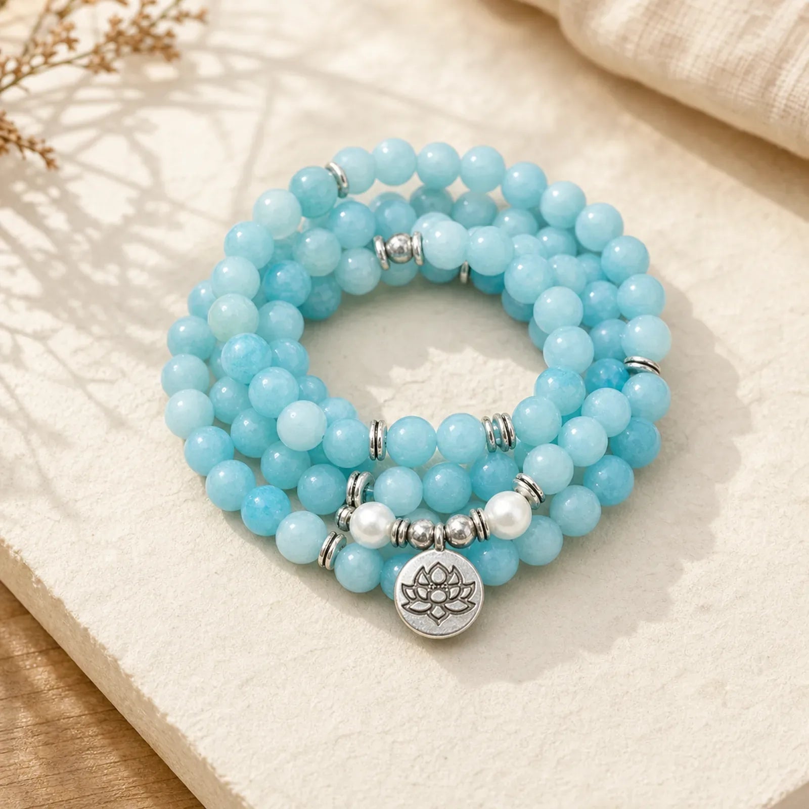 Natural Amazonite Stone Healing Lotus Mala Bracelet featuring Amazonite, Lotus