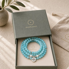 Natural Amazonite Stone Healing Lotus Mala Bracelet featuring Amazonite, Lotus