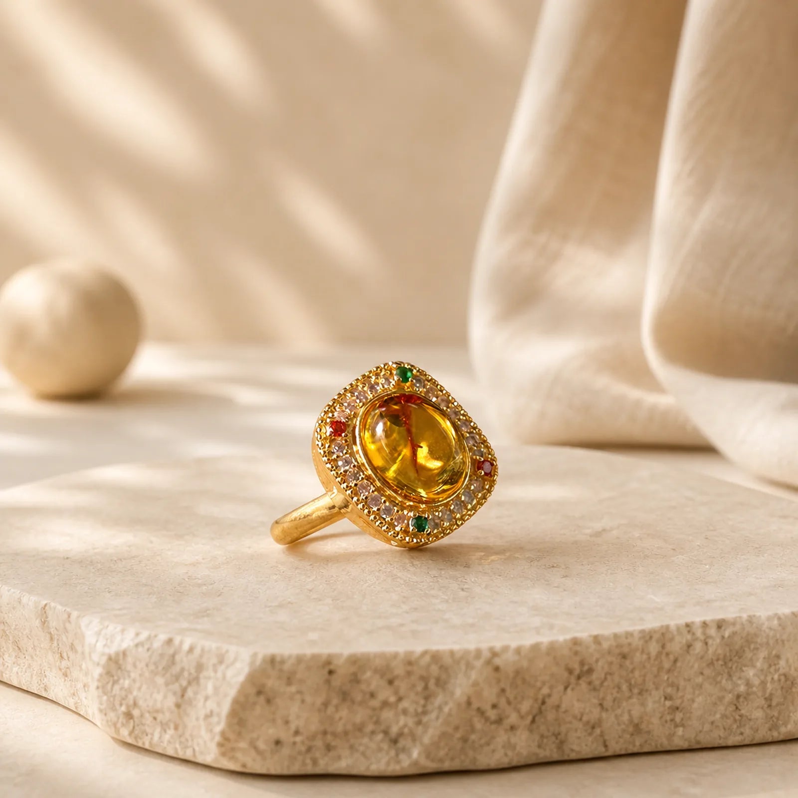 Natural Amber Flower Square Support Full Diamond Confidence Ring featuring Amber, Copper