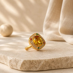 Natural Amber Flower Square Support Full Diamond Confidence Ring featuring Amber, Copper