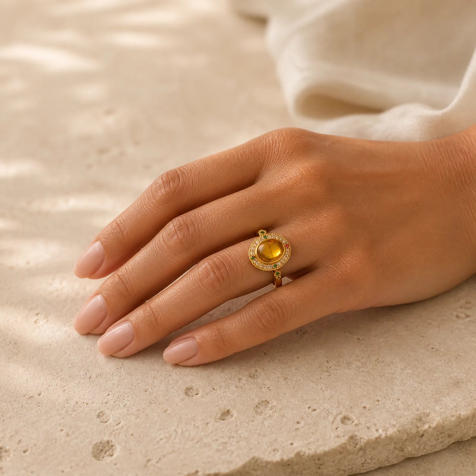 Natural Amber Flower Square Support Full Diamond Confidence Ring featuring Amber, Copper