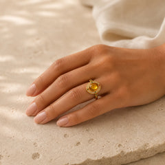Natural Amber Flower Square Support Full Diamond Confidence Ring featuring Amber, Copper