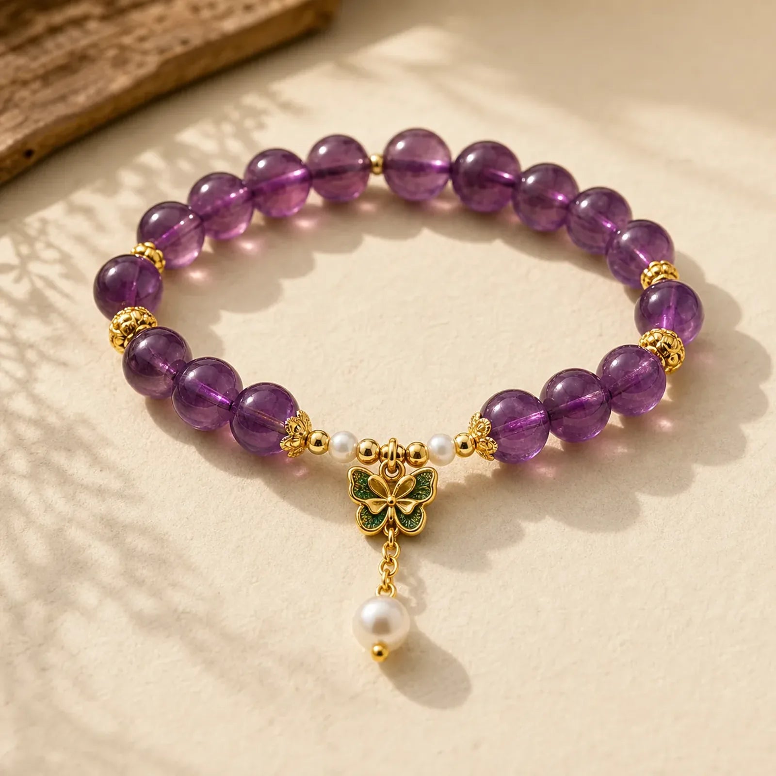 Natural Amethyst Amber Green Butterfly Healing Bracelet featuring Amethyst, Amber, Butterfly