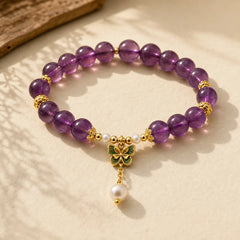 Natural Amethyst Amber Green Butterfly Healing Bracelet featuring Amethyst, Amber, Butterfly