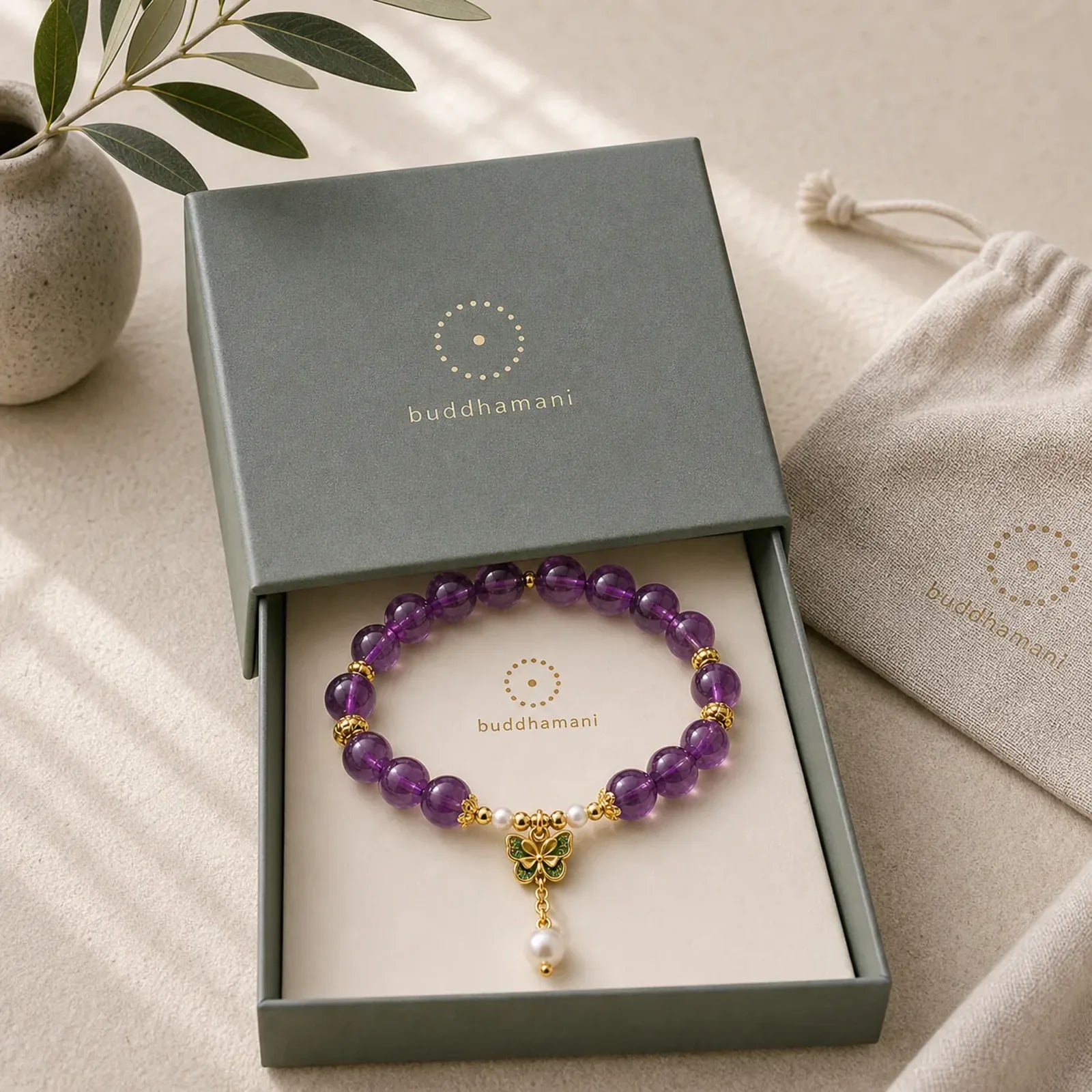 Natural Amethyst Amber Green Butterfly Healing Bracelet featuring Amethyst, Amber, Butterfly
