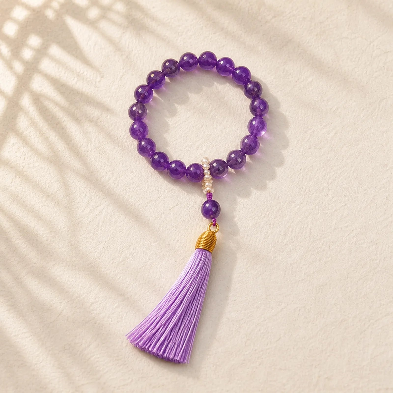 Natural Amethyst Beads Meditation Tassels Bracelet featuring Amethyst, Pearl