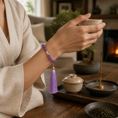 Natural Amethyst Beads Meditation Tassels Bracelet featuring Amethyst, Pearl