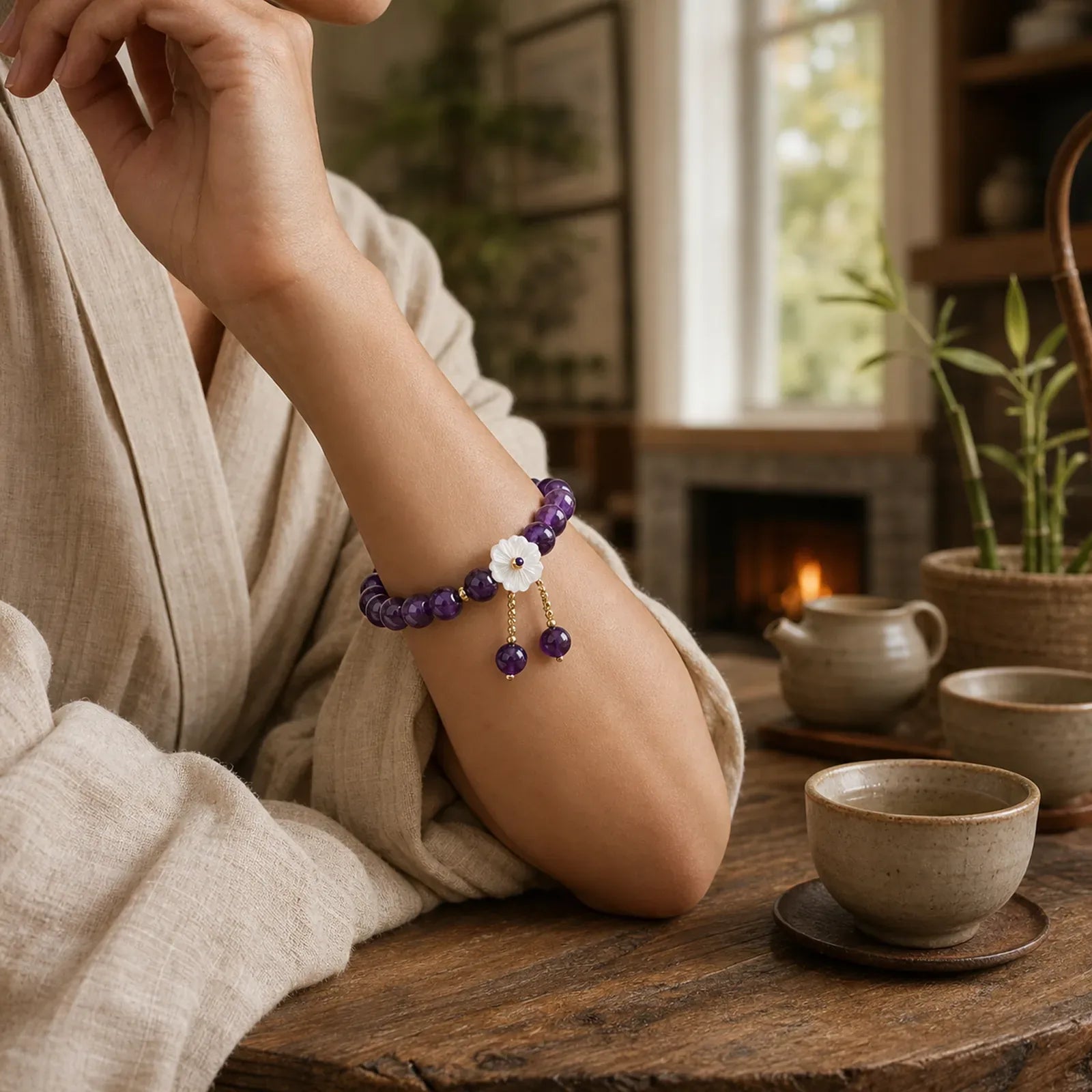 Natural Amethyst Crystal Flower Spiritual Healing Bracelet featuring Amethyst