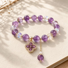 Natural Amethyst Crystal Four Leaf Clover Spiritual Healing Bracelet featuring Amethyst
