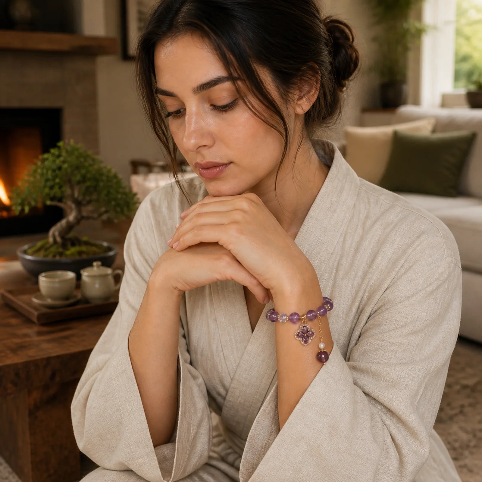 Natural Amethyst Crystal Four Leaf Clover Spiritual Healing Bracelet featuring Amethyst
