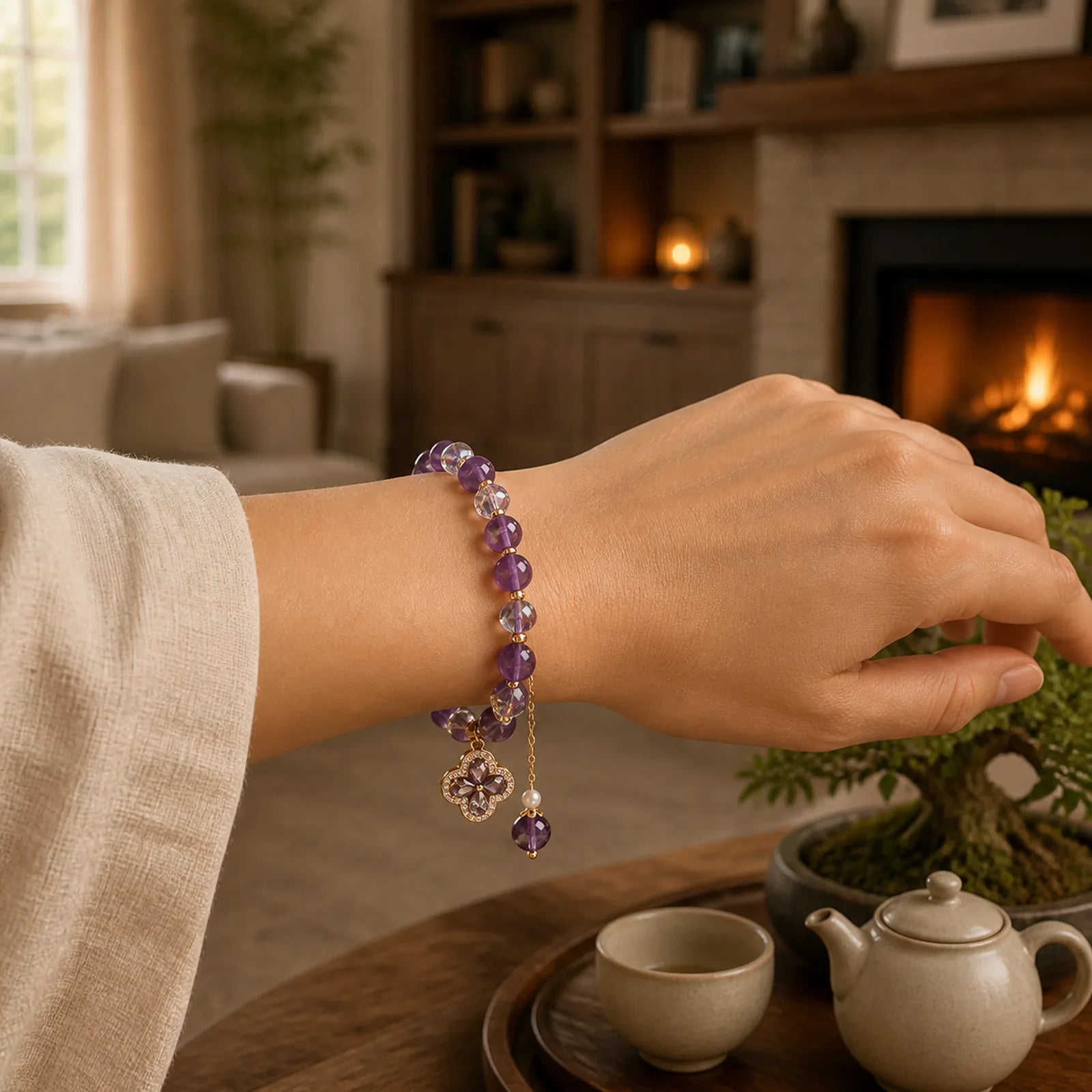 Natural Amethyst Crystal Four Leaf Clover Spiritual Healing Bracelet featuring Amethyst