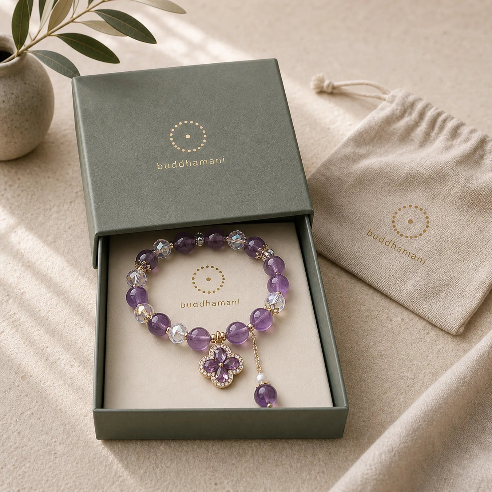 Natural Amethyst Crystal Four Leaf Clover Spiritual Healing Bracelet featuring Amethyst