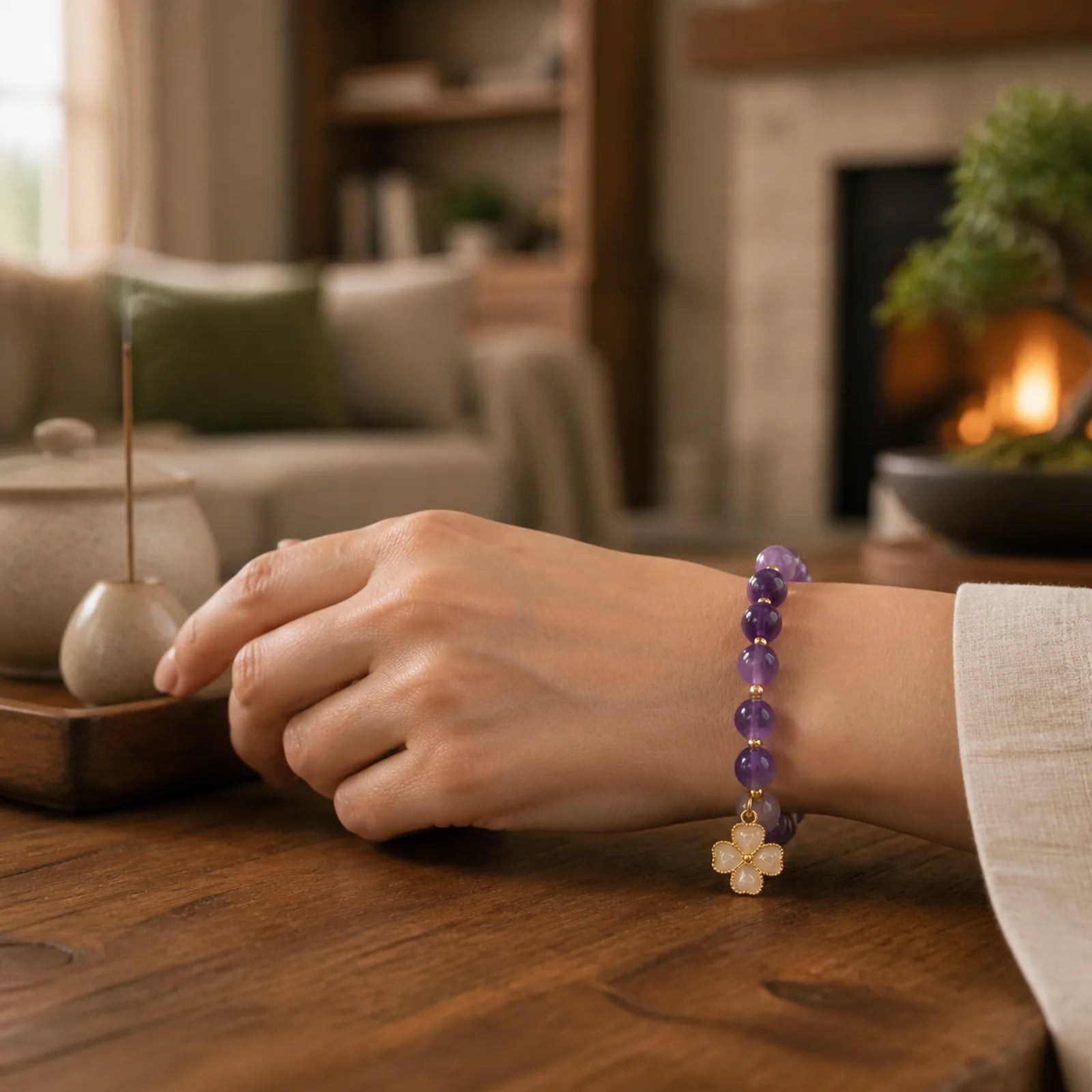 Natural Amethyst Crystal Inner Peace Four Leaf Clover Charm Bracelet featuring Amethyst