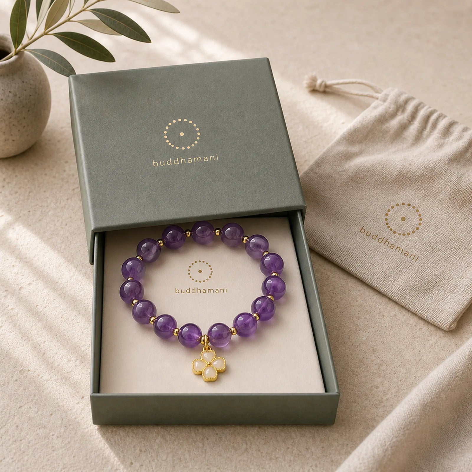 Natural Amethyst Crystal Inner Peace Four Leaf Clover Charm Bracelet featuring Amethyst