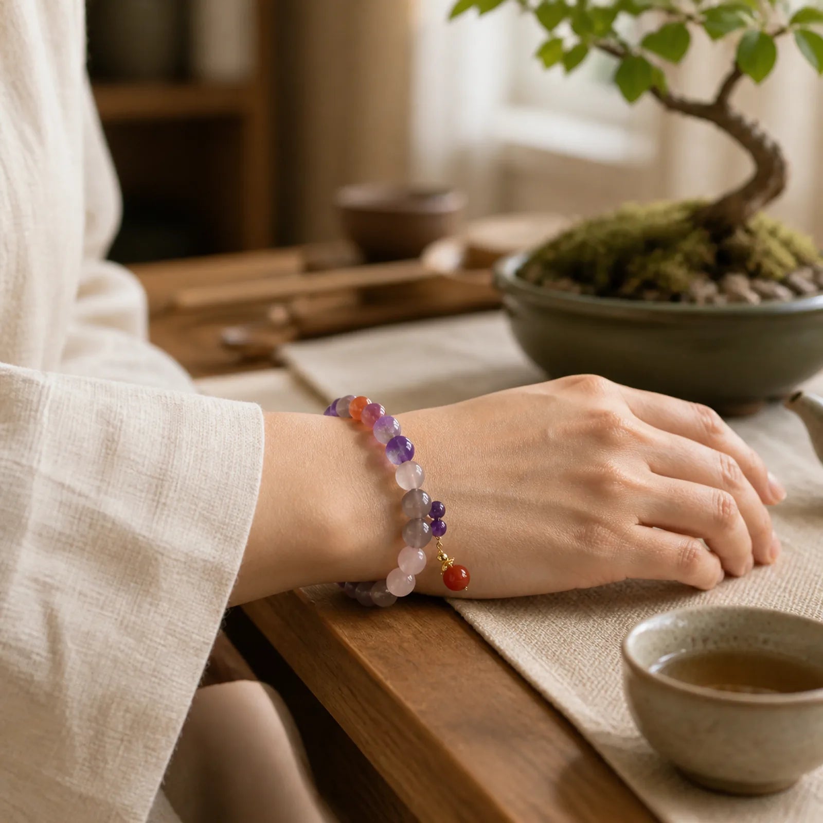 Natural Amethyst Crystal Inner Peace Healing Bead Charm Bracelet featuring Amethyst, Purple Phantom, Pink Crystal