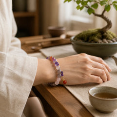 Natural Amethyst Crystal Inner Peace Healing Bead Charm Bracelet featuring Amethyst, Purple Phantom, Pink Crystal