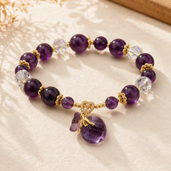 Natural Amethyst Crystal Money Bag Charm Positive Bracelet featuring Amethyst