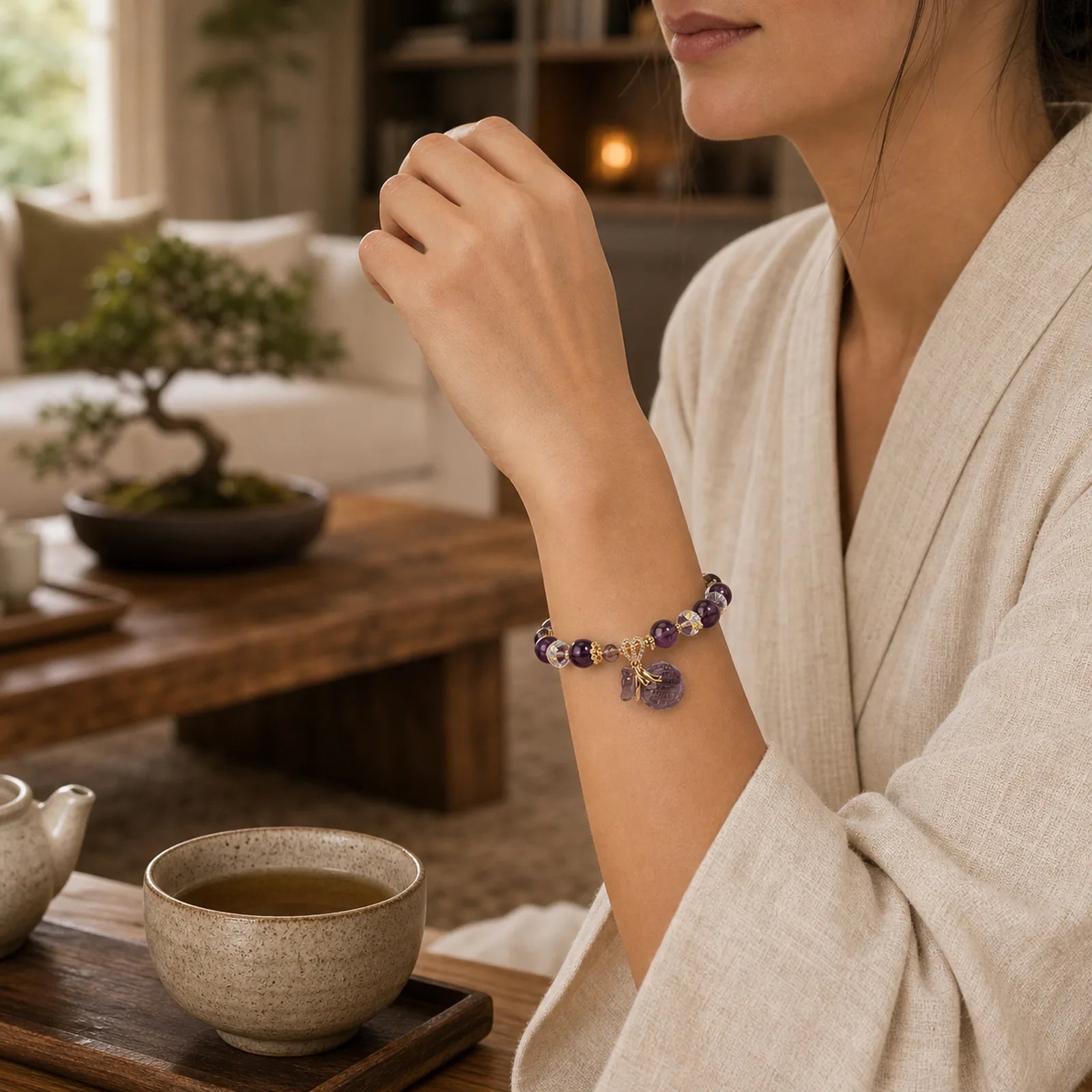 Natural Amethyst Crystal Money Bag Charm Positive Bracelet featuring Amethyst