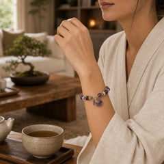 Natural Amethyst Crystal Money Bag Charm Positive Bracelet featuring Amethyst