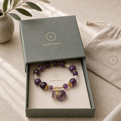 Natural Amethyst Crystal Money Bag Charm Positive Bracelet featuring Amethyst