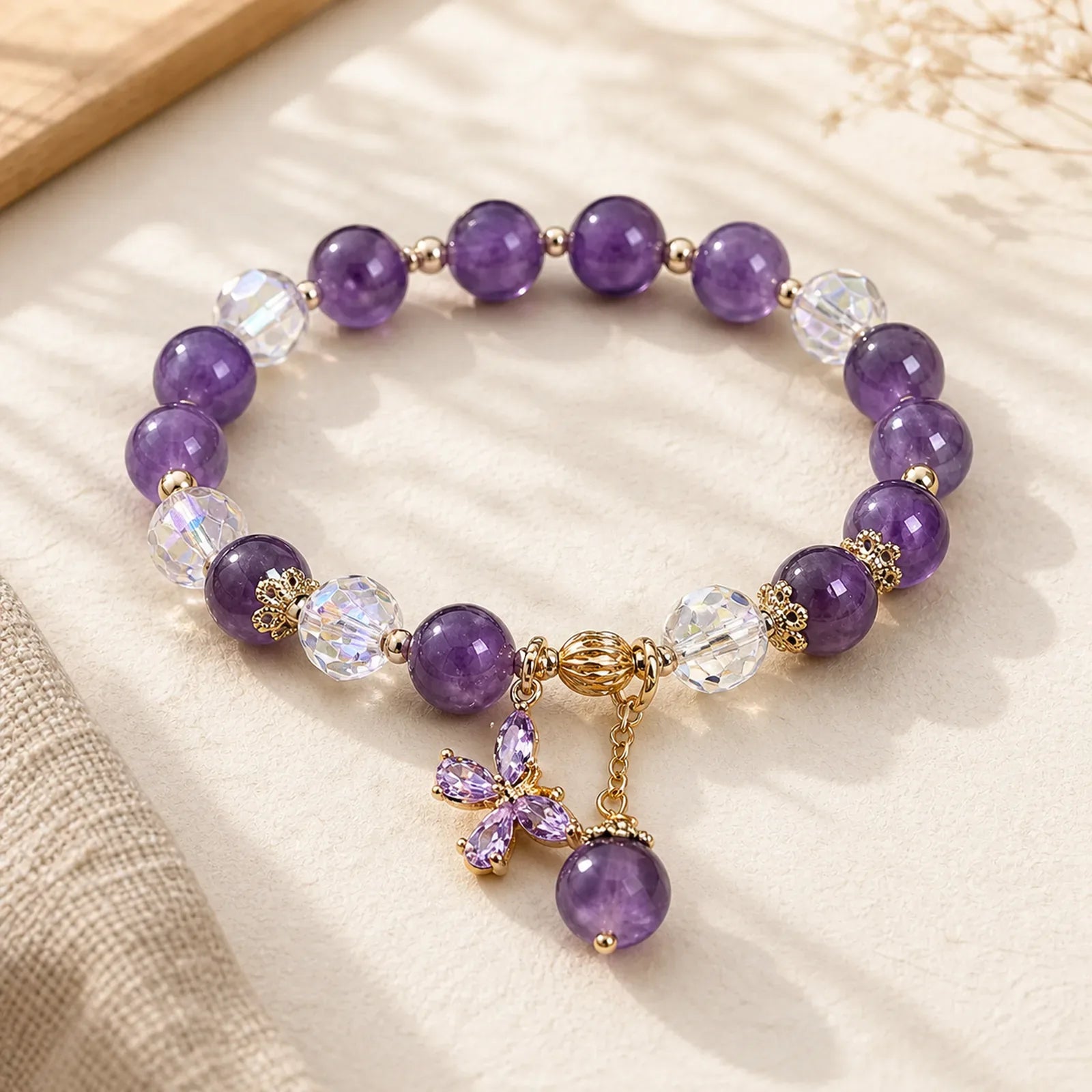 Natural Amethyst Crystal Spiritual Butterfly Charm Bracelet featuring Amethyst, Butterfly, Feng Shui Butterfly